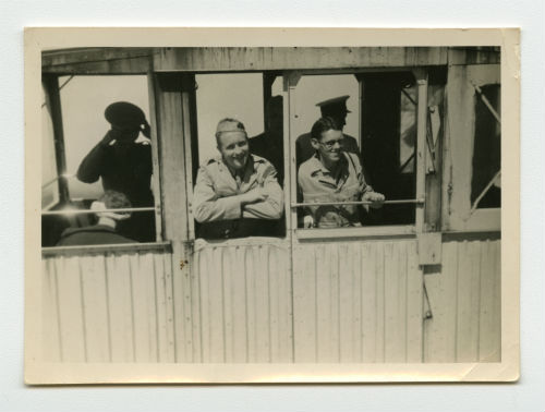 Neil Gilliam and an RAF boy on the aerial tram in Cape Town, South Africa. Recto
