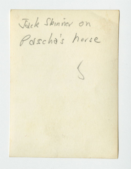 Bird hunting trip in Syria (Jack Hill-Skinner on Pasha Ariens's horse near Damascus, Syria). Verso 1