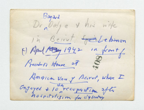 Dr. Bayard Dodge and his wife in Beirut, Lebanon. Verso