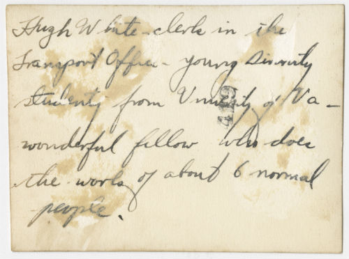 Hugh White, a clerk in the Transport Office. Verso