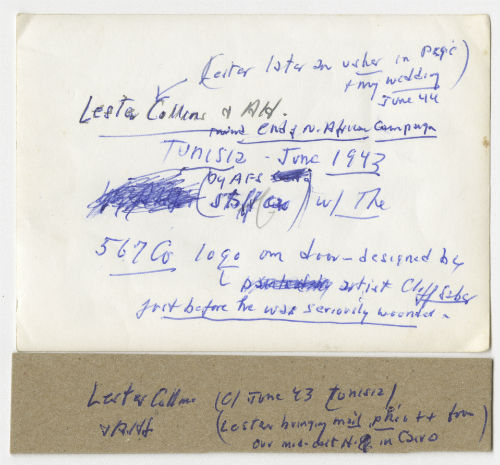 Lester Collins and Arthur Howe, Jr. by an AFS staff car in Tunisia. Verso