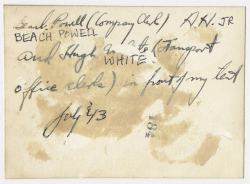 Arthur Howe, Jr. in front of his tent with Charles Beach Powell and Hugh White near Tripoli. Verso