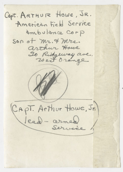 Arthur Howe, Jr. beside an AFS ambulance with the 567 Coy insignia. Verso