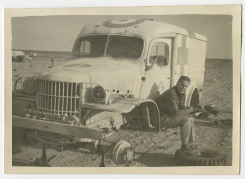 Land mine damage on an AFS ambulance. Recto